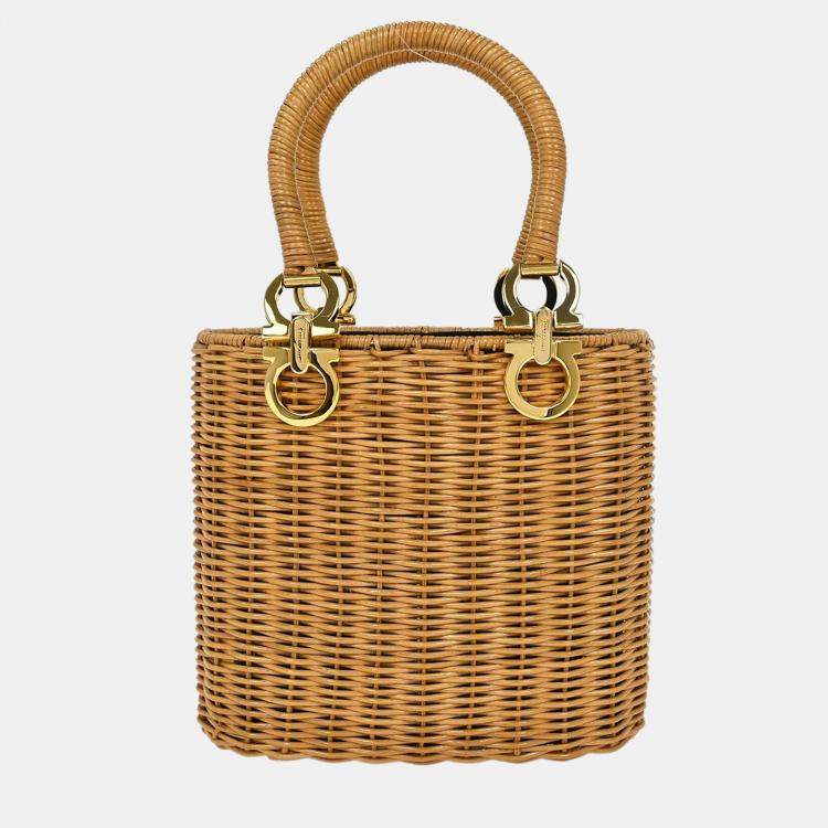 Pre Owned Salvatore Ferragamo Beige Rattan Gancini Basket Handbag