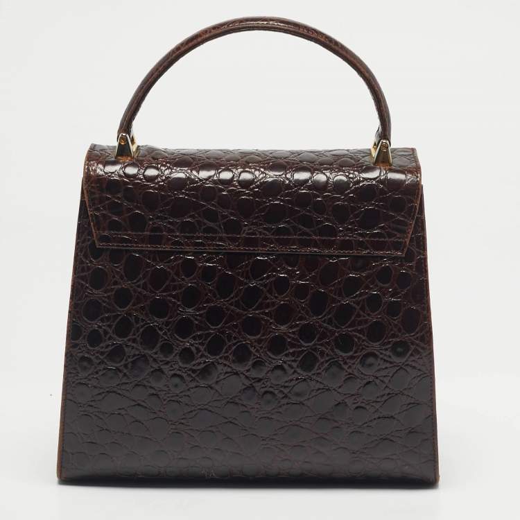 Pre Owned حقيبة سالفاتوري فيراغامو كيلي جلد تمساح بني داكن بيد علوية