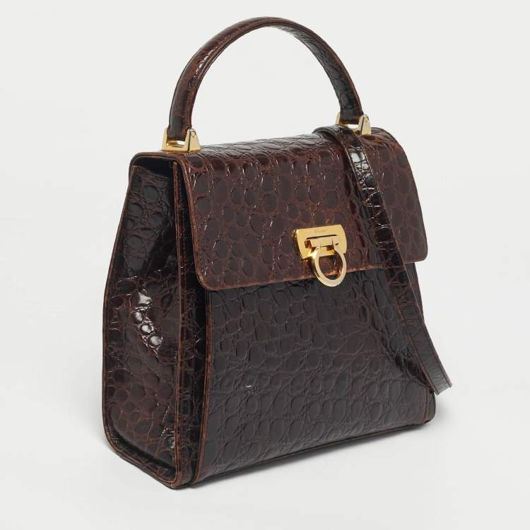 Pre Owned حقيبة سالفاتوري فيراغامو كيلي جلد تمساح بني داكن بيد علوية