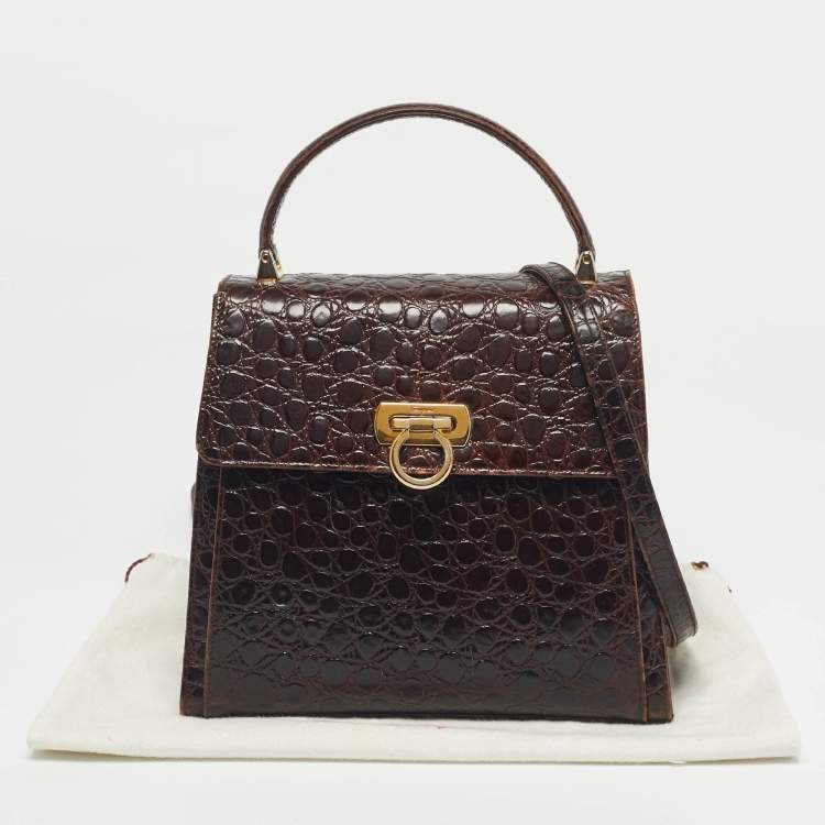 Pre Owned حقيبة سالفاتوري فيراغامو كيلي جلد تمساح بني داكن بيد علوية