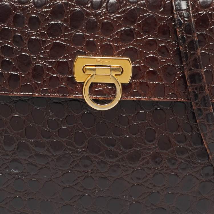 Pre Owned حقيبة سالفاتوري  فيراغامو كيلي جلد تمساح بني داكن بيد علوية