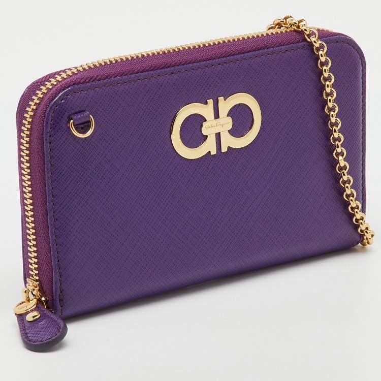 Pre Owned Salvatore Ferragamo Purple Leather Gancio Cip Around Wallet On Chain