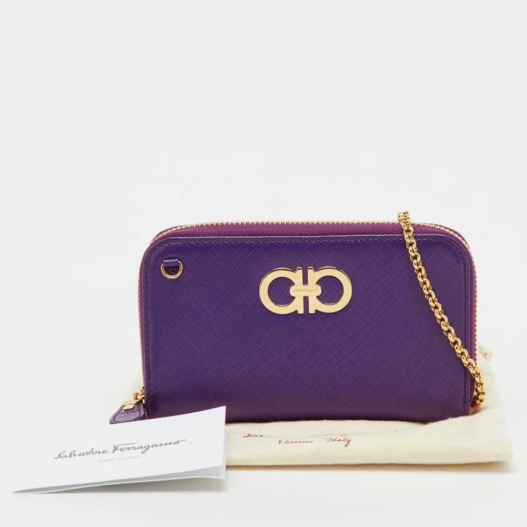 Pre Owned Salvatore Ferragamo Purple Leather Gancio Cip Around Wallet On Chain