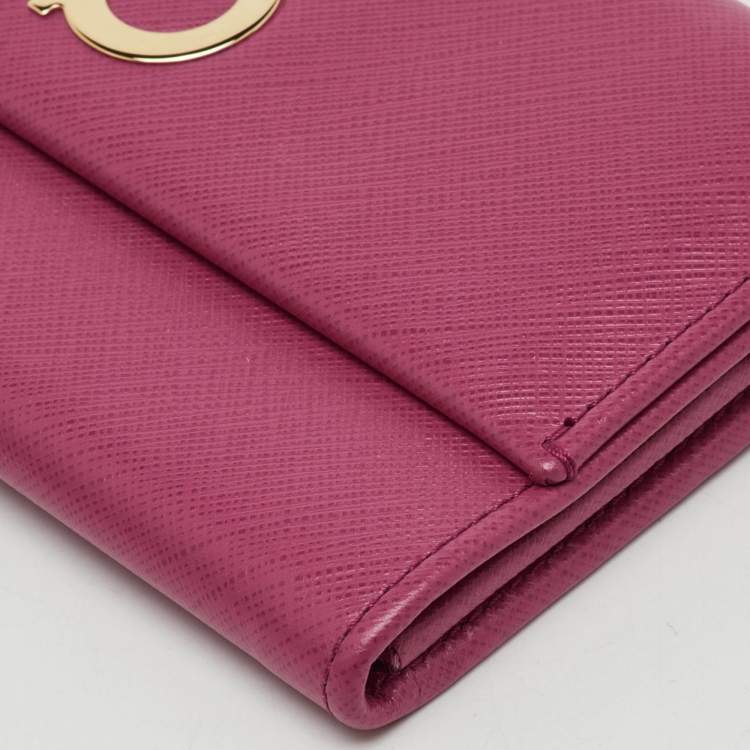 Pre Owned Salvatore Ferragamo Pink Leather Gancio Flap Continental Wallet