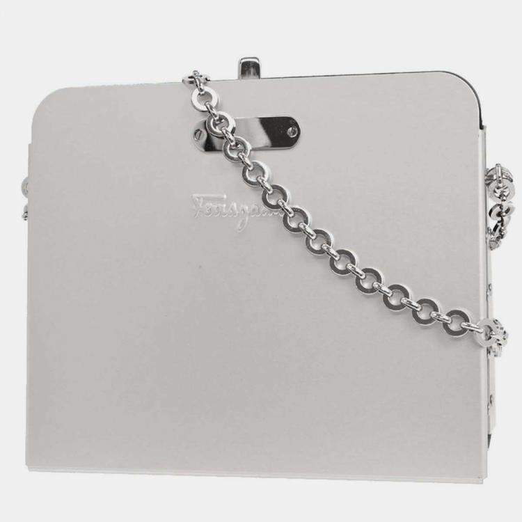 Pre Owned Salvatore Ferragamo Silver Aluminum Gancini Shoulder Bag 