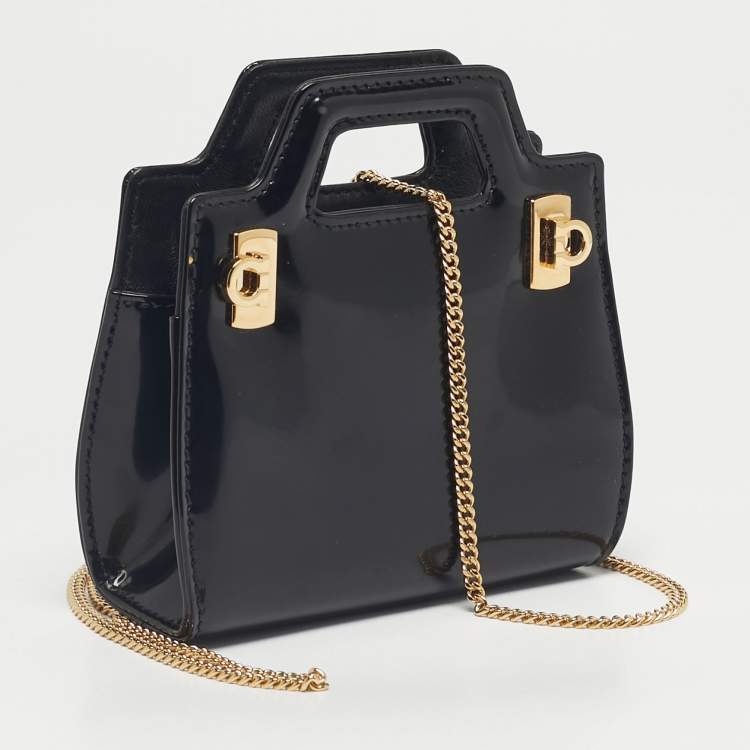 Pre Owned Salvatore Ferragamo Black Patent Leather Micro Sofia Tote