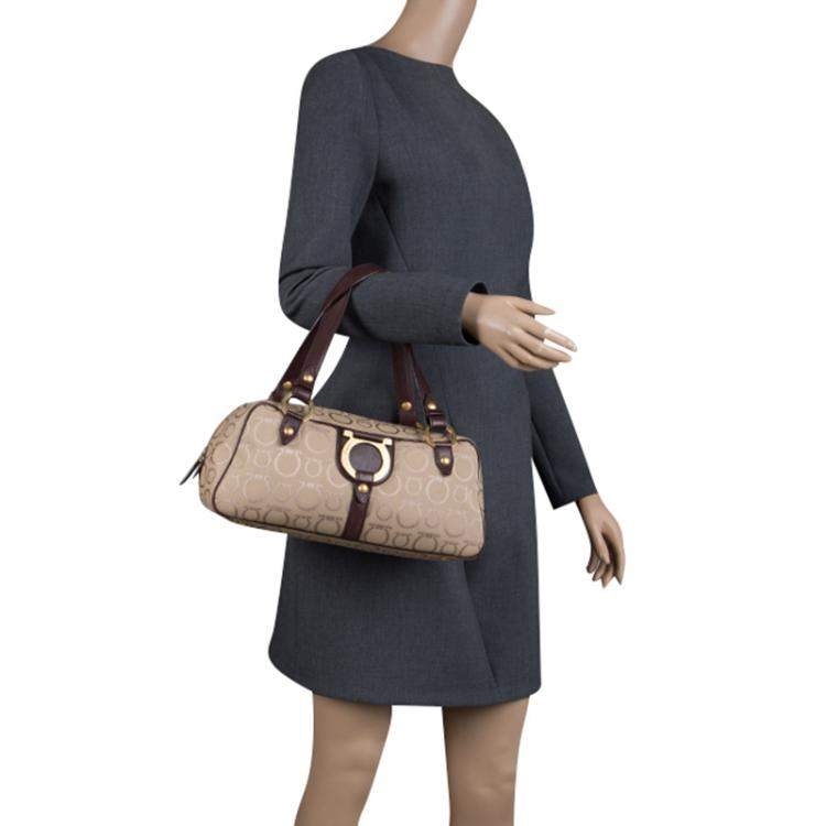 Pre Owned Salvatore Ferragamo Beige Canvas Signature Satchel