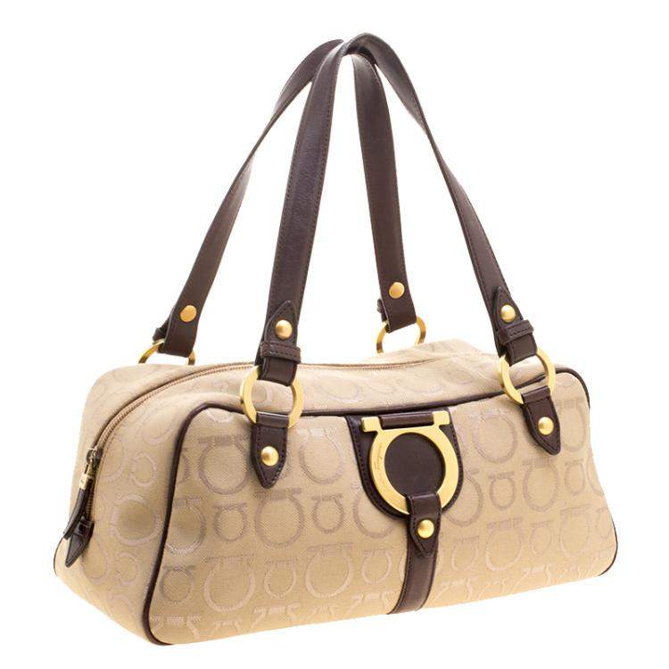 Pre Owned Salvatore Ferragamo Beige Canvas Signature Satchel