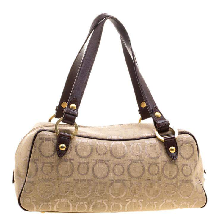 Pre Owned Salvatore Ferragamo Beige Canvas Signature Satchel