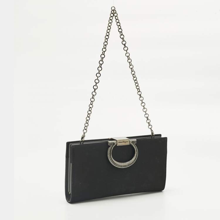 Pre Owned Salvatore Ferragamo Black Satin Musa Gancini Chain Clutch