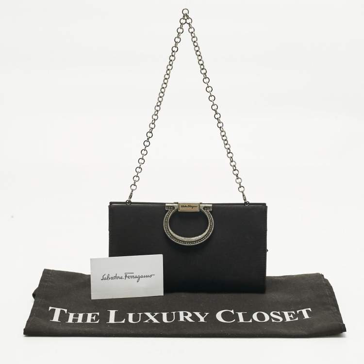 Pre Owned Salvatore Ferragamo Black Satin Musa Gancini Chain Clutch