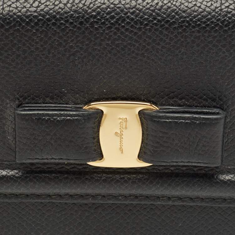 Pre Owned Salvatore Ferragamo Black Leather Vara Bow French Wallet