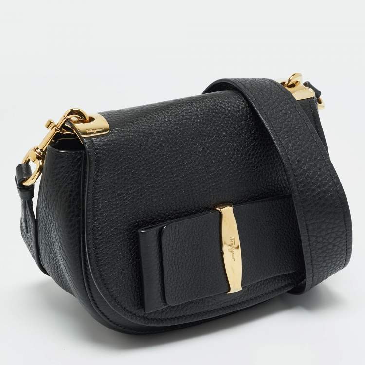 Pre Owned Salvatore Ferragamo Black Leather Iconic Bow Crossbody Bag