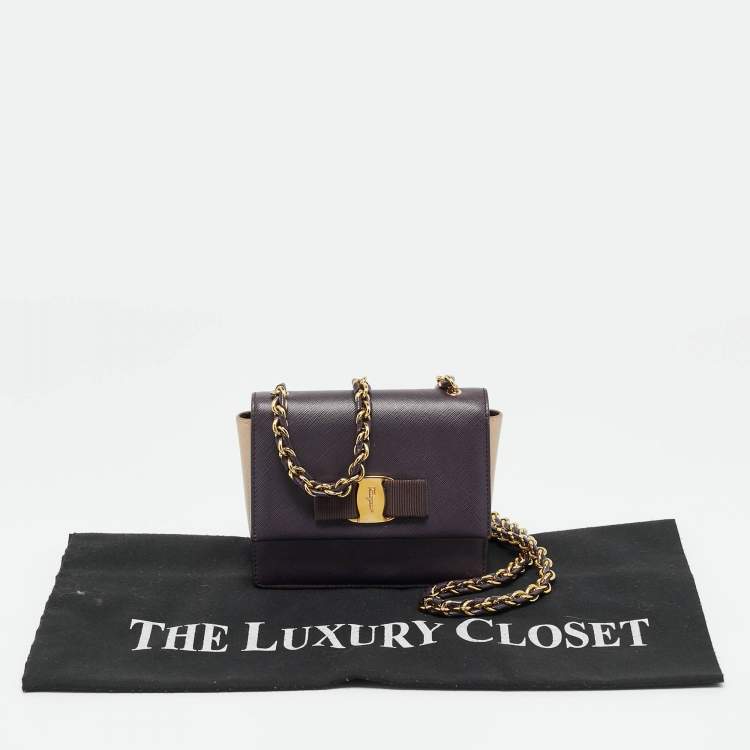 Pre Owned Salvatore Ferragamo Purple/Beige Leather Mini Ginny Crossbody Bag