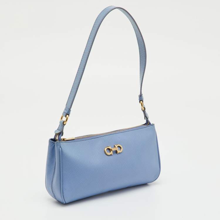 Pre Owned Salvatore Ferragamo Blue Saffiano Leather Gancini Shoulder Bag