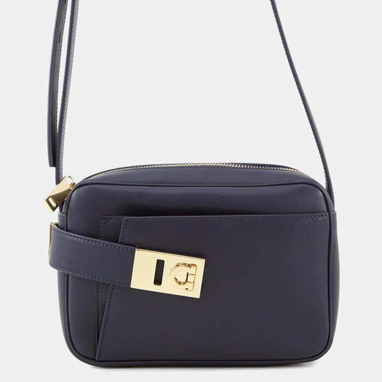 Pre Owned Ferragamo Shoulder Bag Camera Bag Gancini Midnight Blue Leather