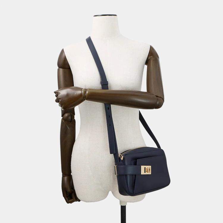 Pre Owned Ferragamo Shoulder Bag Camera Bag Gancini Midnight Blue Leather