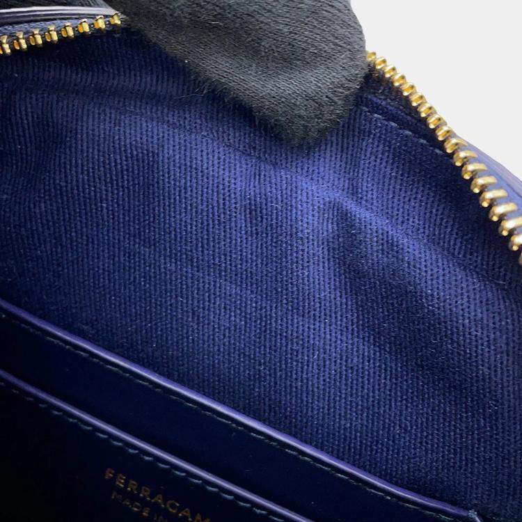 Pre Owned Ferragamo Shoulder Bag Camera Bag Gancini Midnight Blue Leather