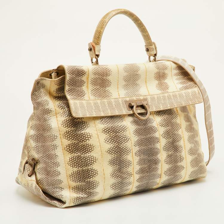 Pre Owned Salvatore Ferragamo Sofia Beige Large Snakeskin Top Handle Bag