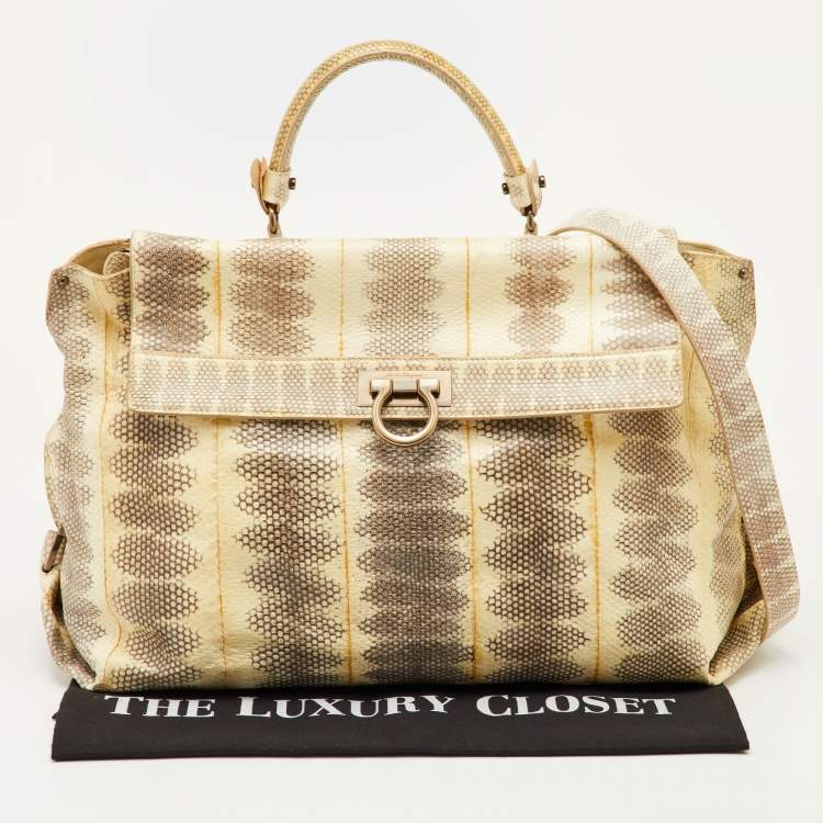 Pre Owned Salvatore Ferragamo Sofia Beige Large Snakeskin Top Handle Bag