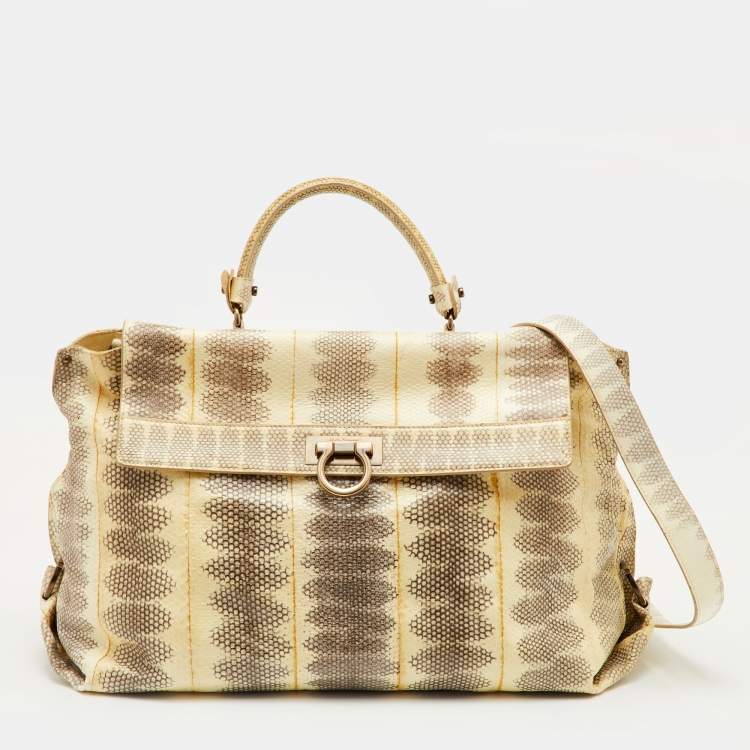 Pre Owned Salvatore Ferragamo Sofia Beige Large Snakeskin Top Handle Bag