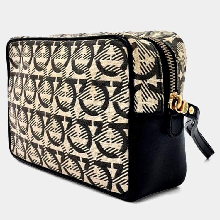 Pre Owned Salvatore Ferragamo Beige Black Fabric Gancini Clutch