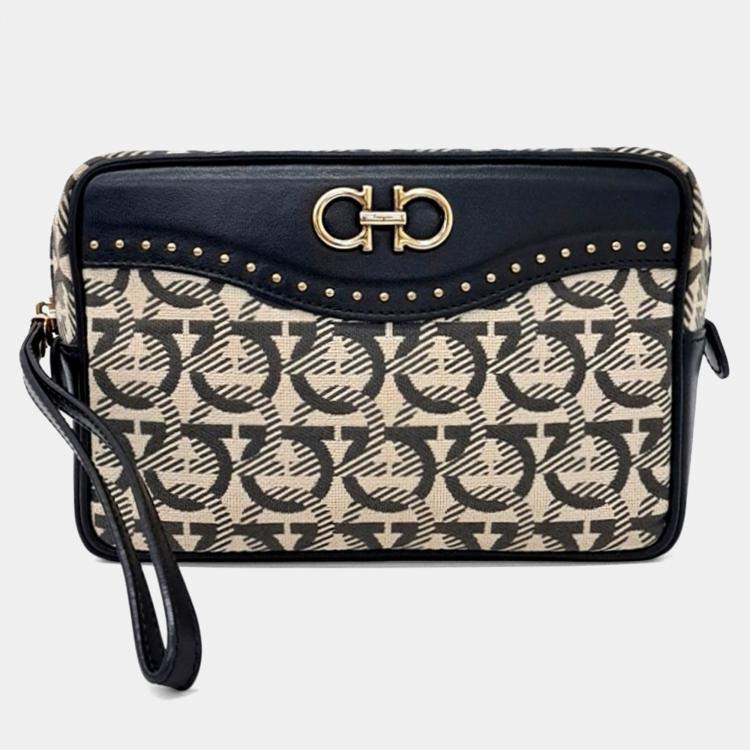 Pre Owned Salvatore Ferragamo Beige Black Fabric Gancini Clutch