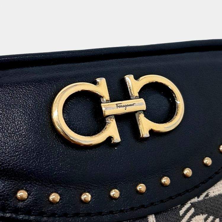Pre Owned Salvatore Ferragamo Beige Black Fabric Gancini Clutch