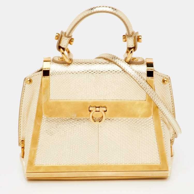 Pre Owned Salvatore Ferragamo Sofia Mini Gold Leather and Metal Top Handle Bag