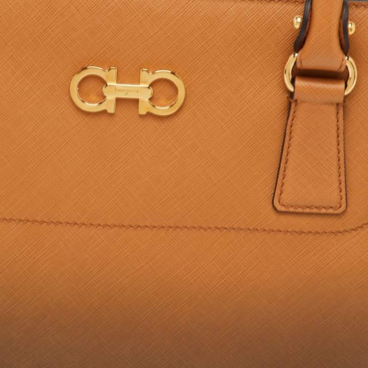 Pre Owned Salvatore Ferragamo Gancio Brown Ombre Saffiano Leather Gradient Effect Tote