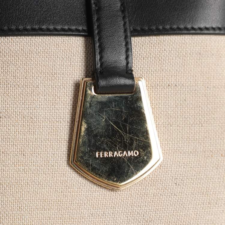 Pre Owned Ferragamo Charming Beige/Black Canvas and Leather Tote