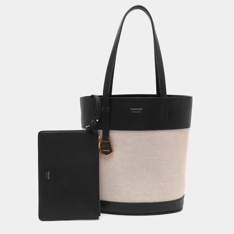 Pre Owned Ferragamo Charming Beige/Black Canvas and Leather Tote