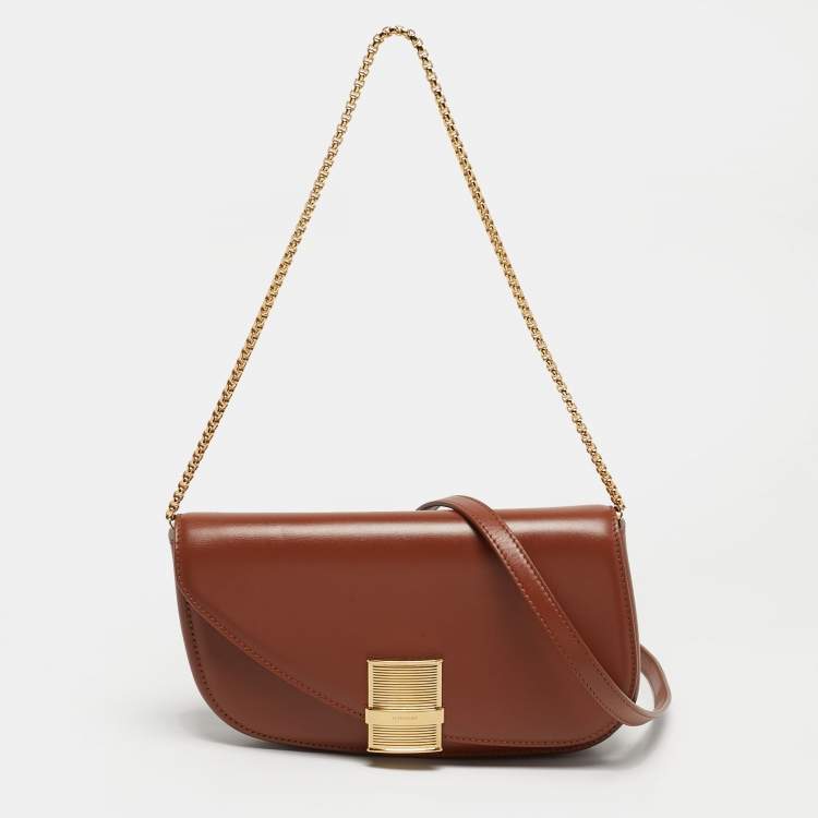 Pre Owned Salvatore Ferragamo Fiamma Brown Leather Shoulder Bag