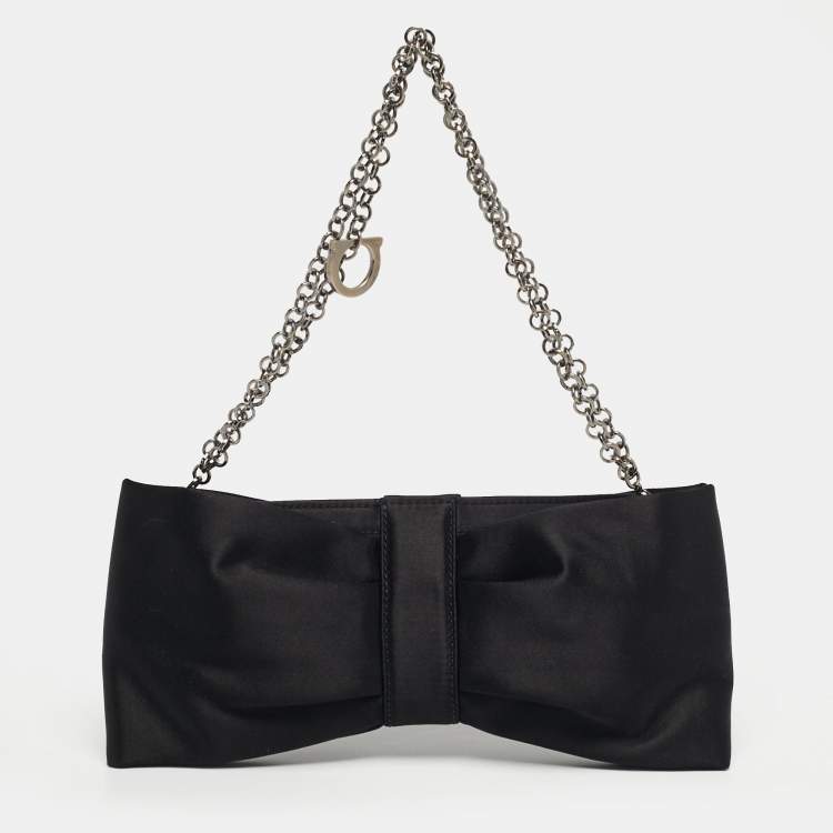 Pre Owned Salvatore Ferragamo Bow Black Satin Chain Clutch