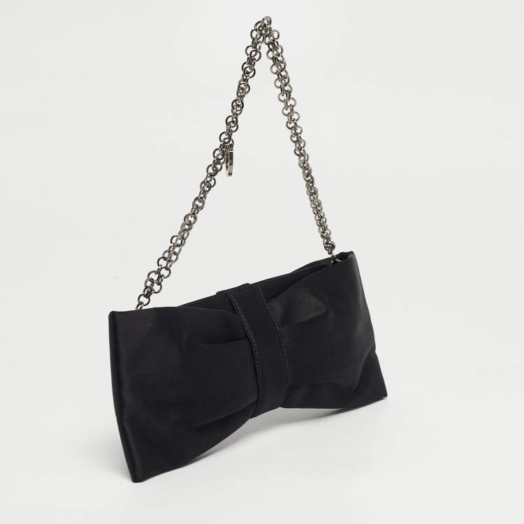 Pre Owned Salvatore Ferragamo Bow Black Satin Chain Clutch