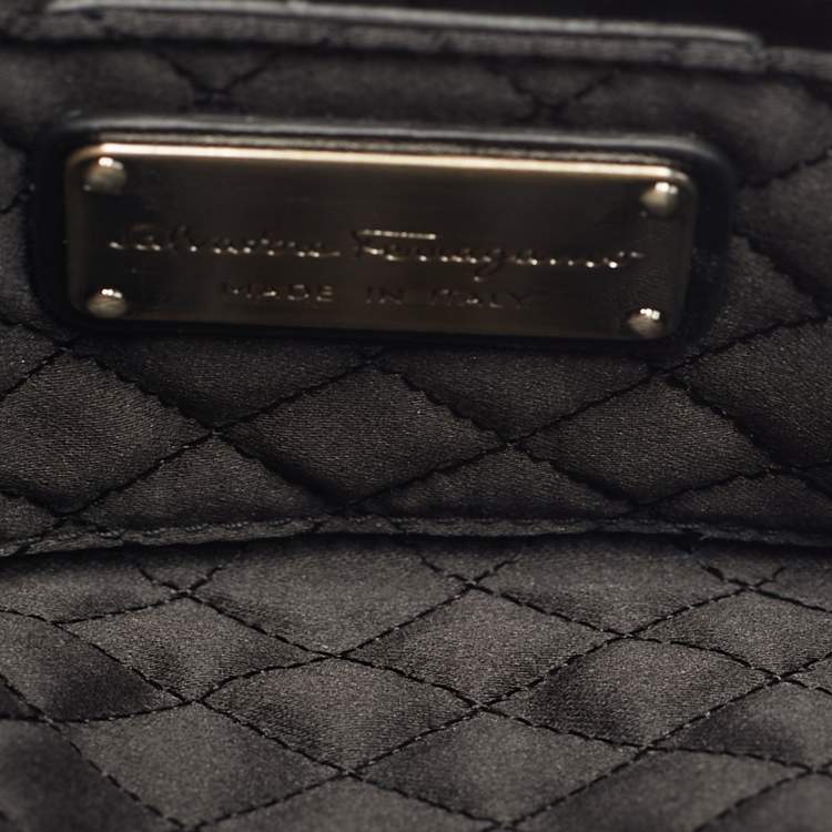 Pre Owned Salvatore Ferragamo Bow Black Satin Chain Clutch