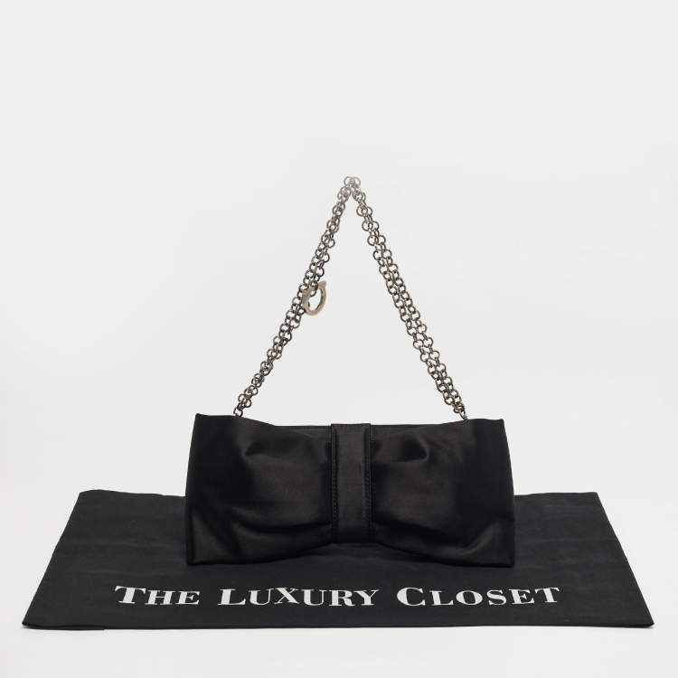 Pre Owned Salvatore Ferragamo Bow Black Satin Chain Clutch