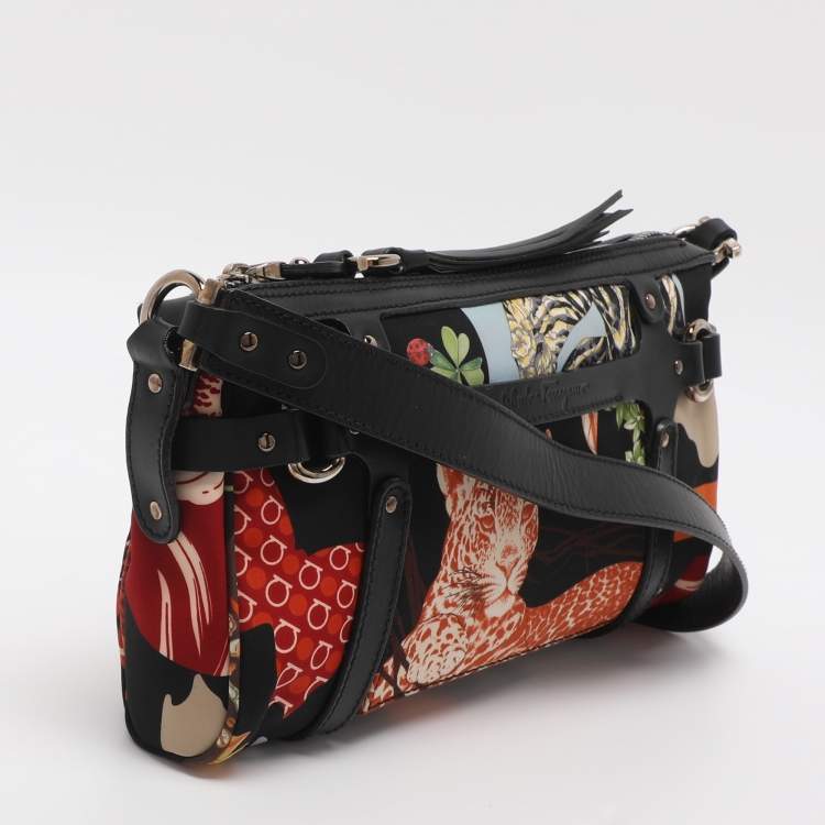 Pre Owned Salvatore Ferragamo Jungle Safari Print Leopard Multicolor Nylon Baguette Bag