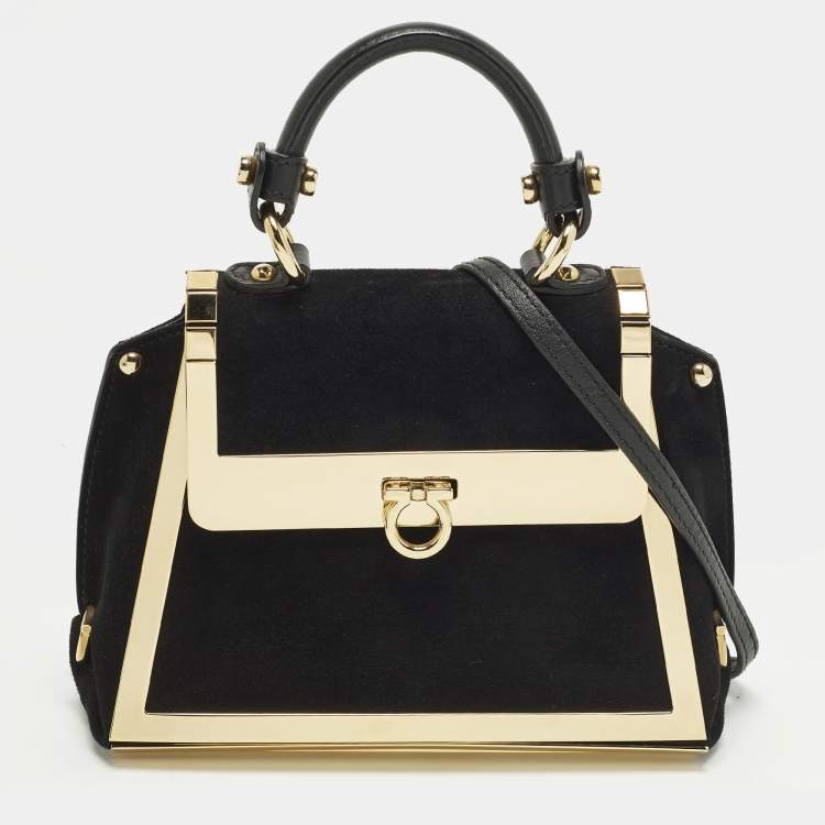 Pre Owned Salvatore Ferragamo Sofia Mini Black/Gold Suede and Metal Top Handle Bag