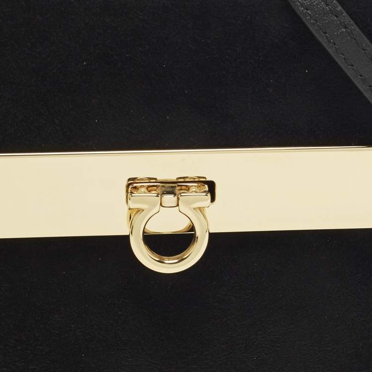 Pre Owned Salvatore Ferragamo Sofia Mini Black/Gold Suede and Metal Top Handle Bag