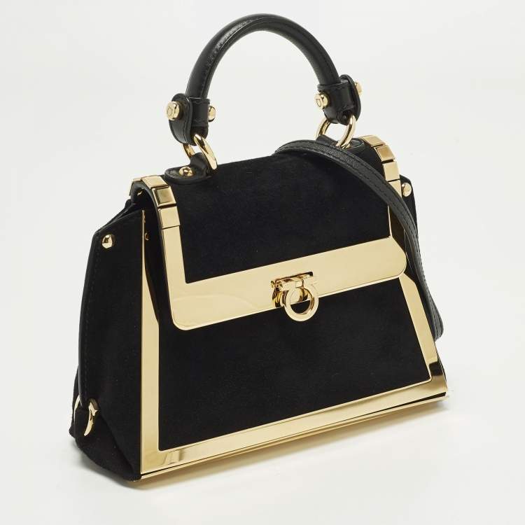 Pre Owned Salvatore Ferragamo Sofia Mini Black/Gold Suede and Metal Top Handle Bag