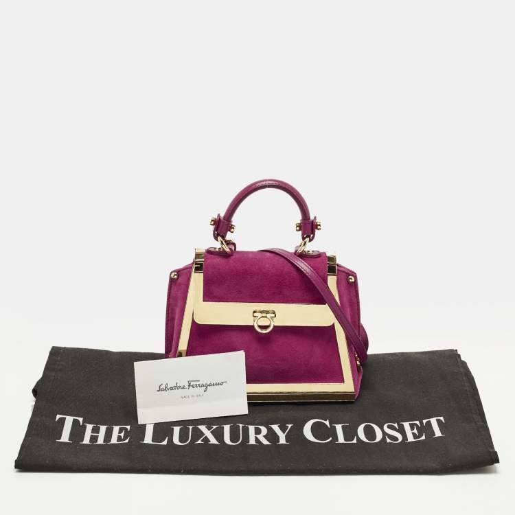Pre Owned Salvatore Ferragamo Sofia Mini Magenta Metal and Suede Top Handle Bag