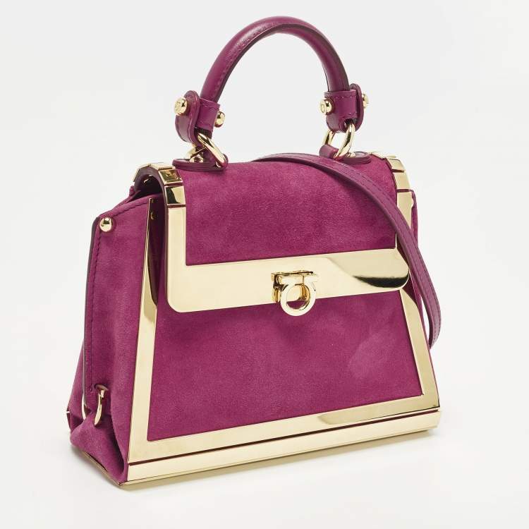 Pre Owned Salvatore Ferragamo Sofia Mini Magenta Metal and Suede Top Handle Bag