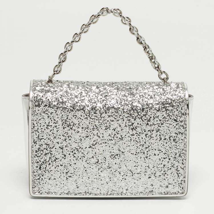 Pre Owned Salvatore Ferragamo Silver Glitter and Laminated Leather Top Handle Bag