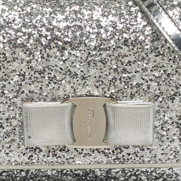 Pre Owned Salvatore Ferragamo Silver Glitter and Laminated Leather Top Handle Bag