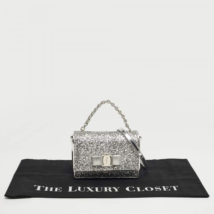 Pre Owned Salvatore Ferragamo Silver Glitter and Laminated Leather Top Handle Bag