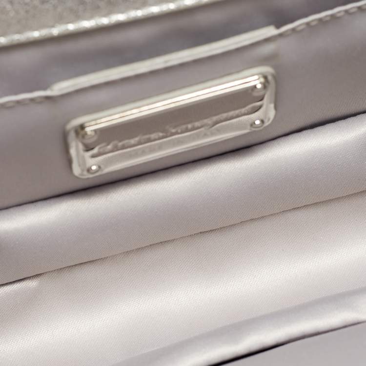 Pre Owned Salvatore Ferragamo Silver Glitter and Laminated Leather Top Handle Bag