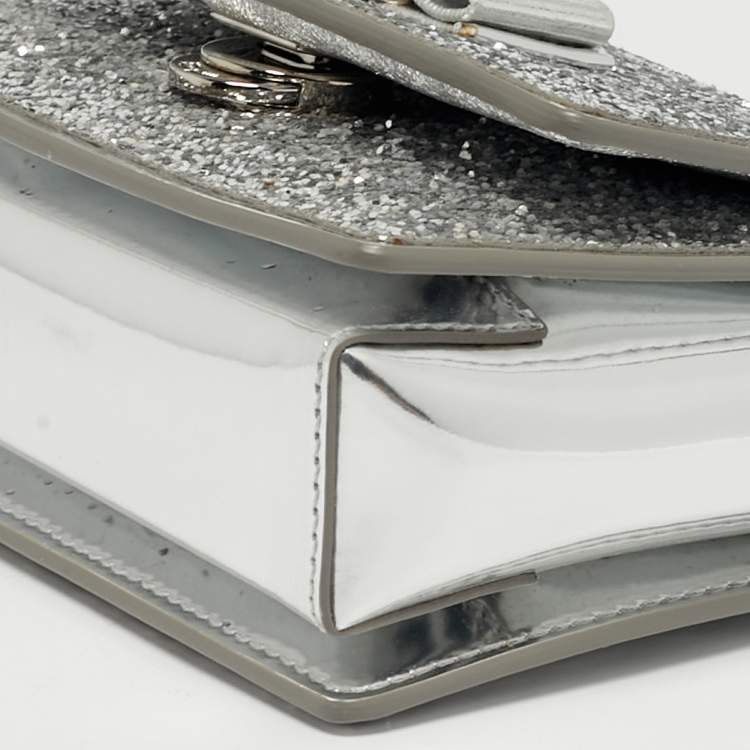 Pre Owned Salvatore Ferragamo Silver Glitter and Laminated Leather Top Handle Bag