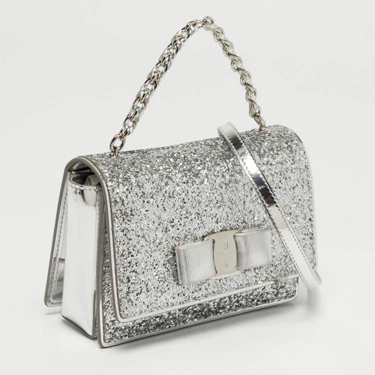 Pre Owned Salvatore Ferragamo Silver Glitter and Laminated Leather Top Handle Bag
