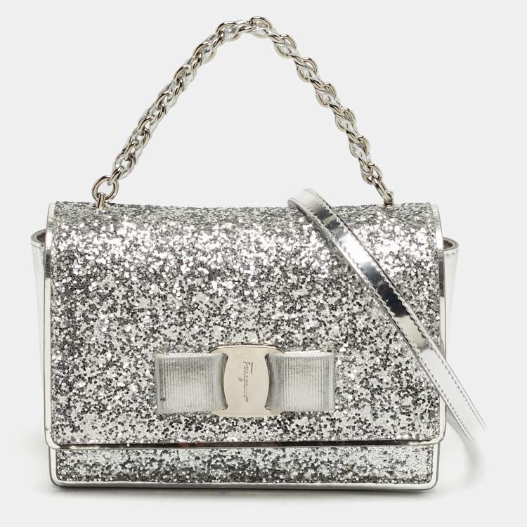 Pre Owned Salvatore Ferragamo Silver Glitter and Laminated Leather Top Handle Bag